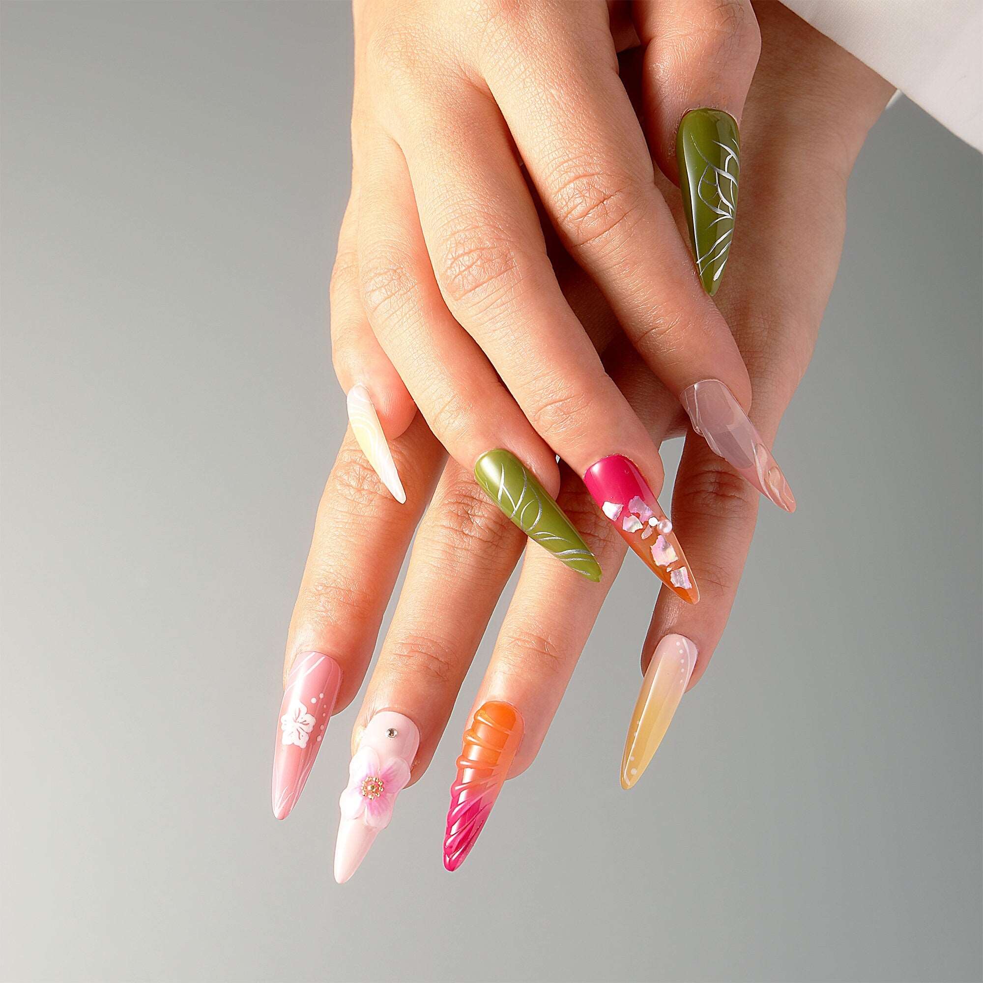 Handmade 3D Colorful Flowers Press on Nails - Spring Summer Nails Design
