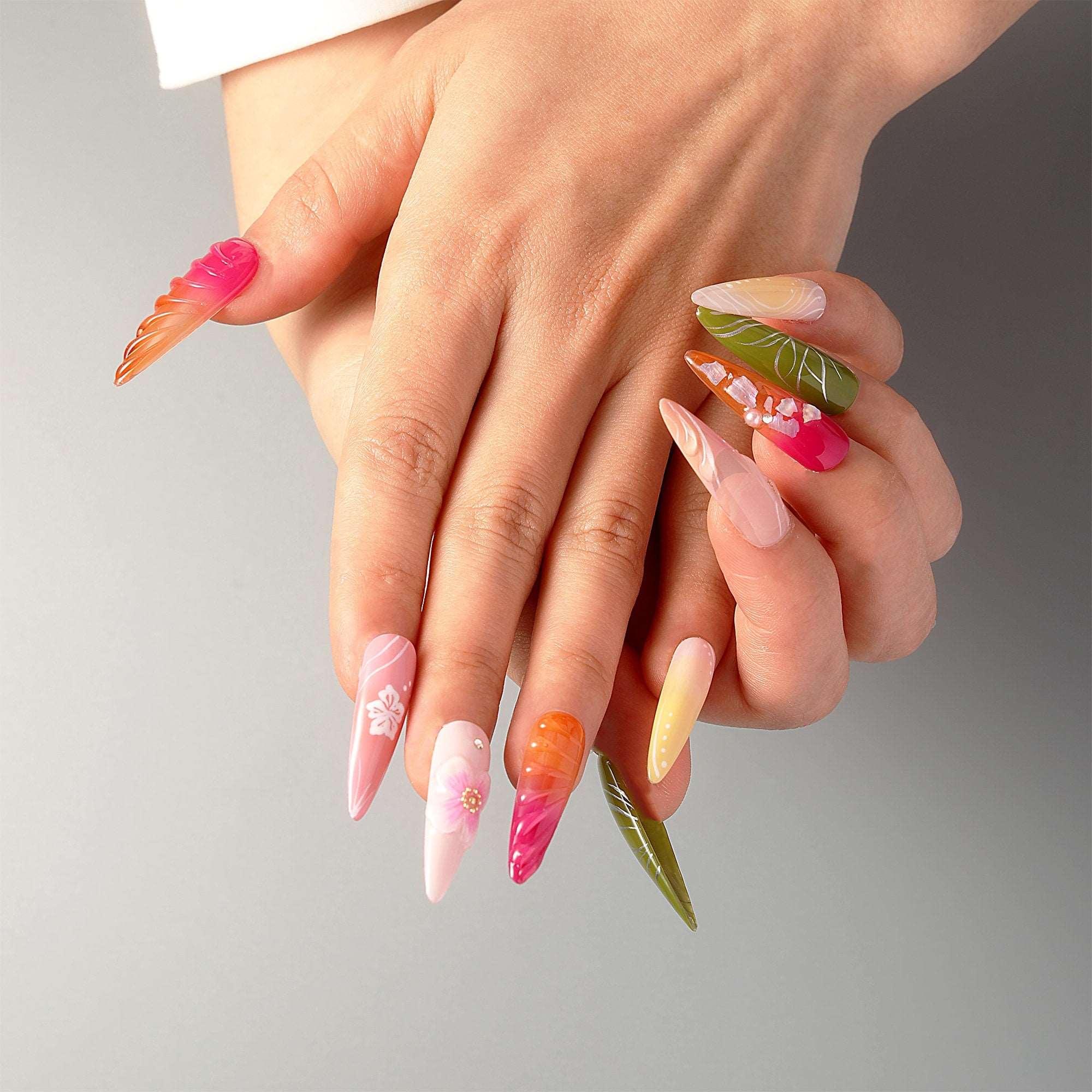 Handmade 3D Colorful Flowers Press on Nails - Spring Summer Nails Design